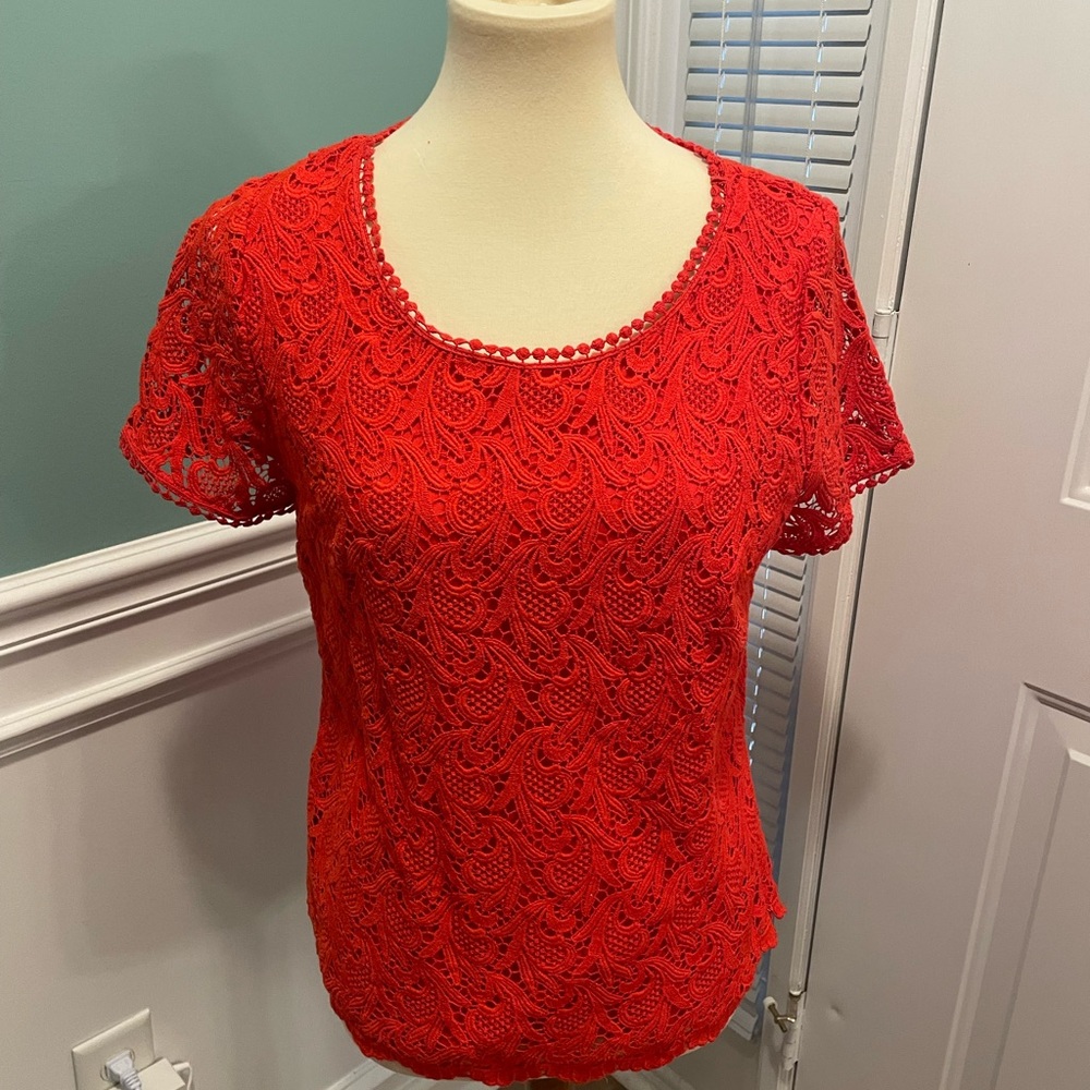 Women’s Talbots Crochet Short Sleeve Red Blouse 10 NWT
